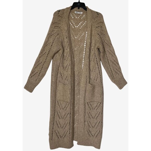 Zara Taupe Brown Knit Wool Blend Long Boho Open Cardigan Sweater - Picture 1 of 11
